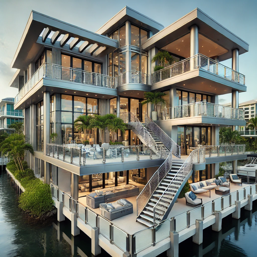 Luxury custom railings in Aqualane Shores, Naples, FL. Specializing in metal and glass railings for residential homes. Contact us for a consultation. naplesrailing.com