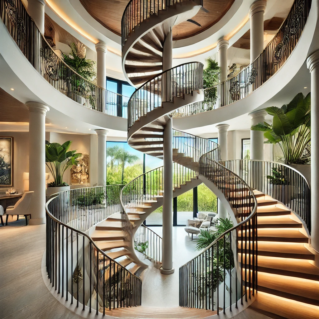Learn how custom spiral stair railings can add elegance and function to luxury homes in Naples with metal and glass designs. naplesrailing.com