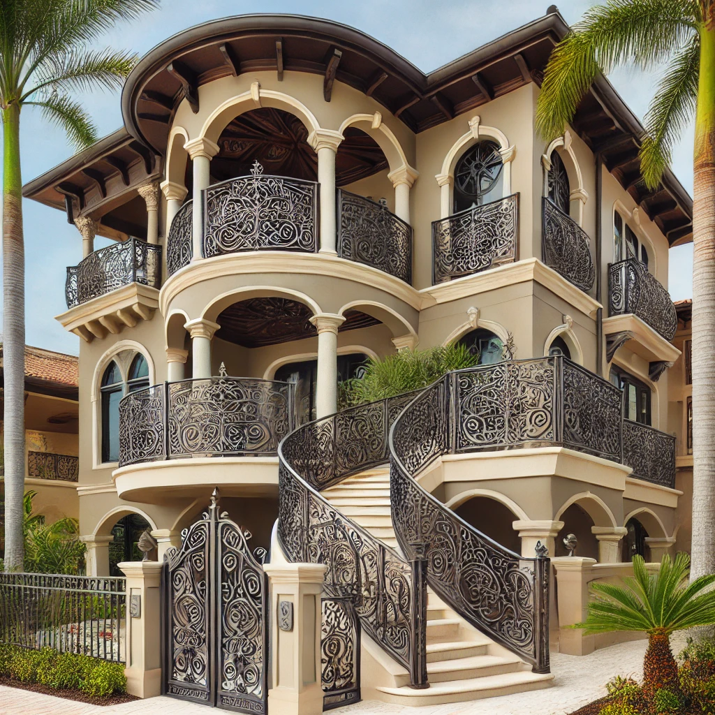 Elegant wrought iron railings for staircases, balconies, and decks in luxury homes. Call for a free quote today. naplesrailing.com
