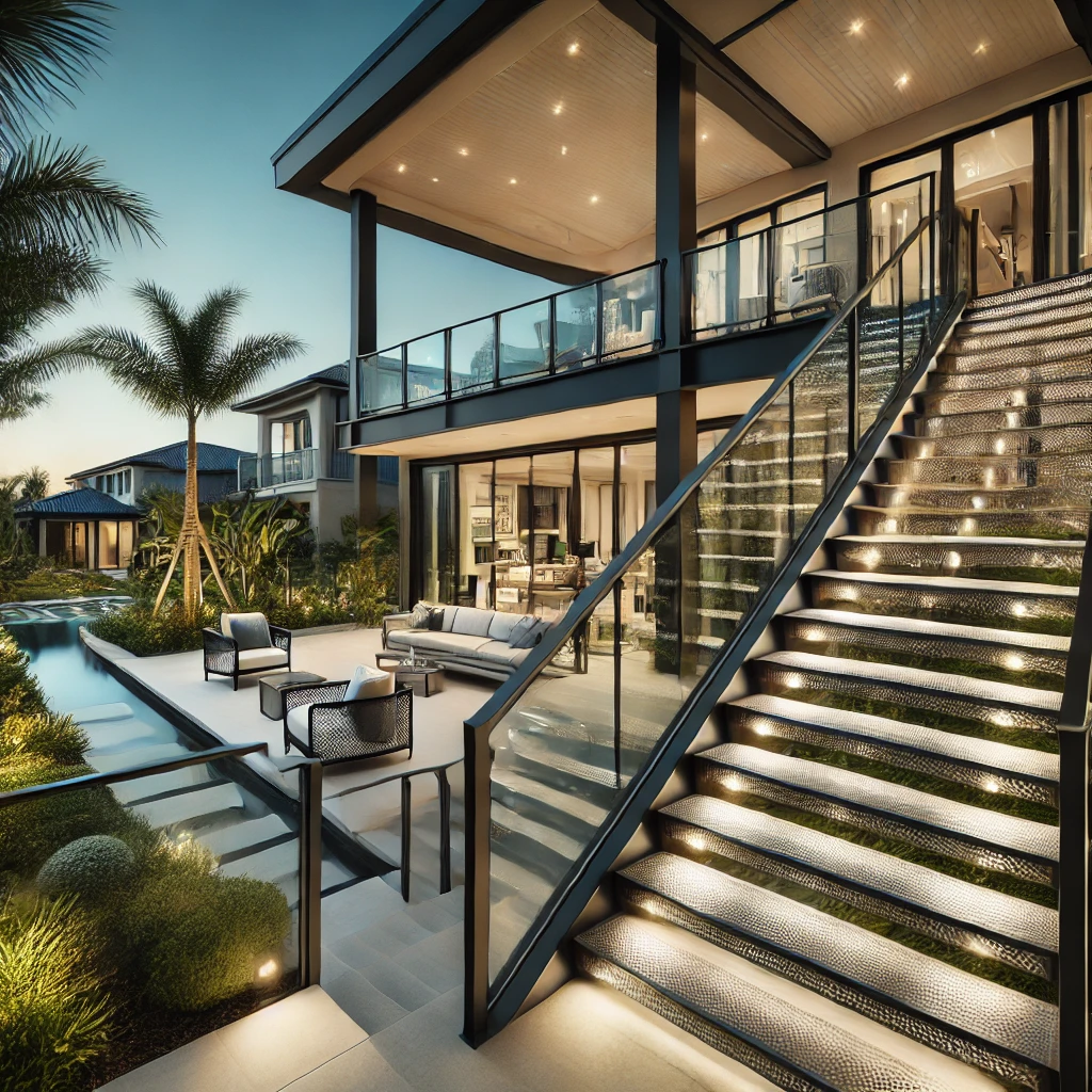 Stylish and durable custom outdoor stair railings for homes in Naples, FL. Specializing in metal and glass railings for staircases. Contact us today for a free consultation. naplesrailing.com