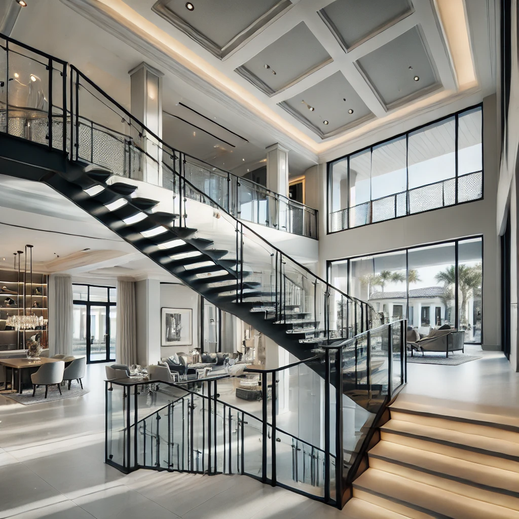 Custom interior stair railings for homes in Naples, FL. Specializing in metal and glass stair railings for luxury residences. Call today for a consultation. naplesrailing.com