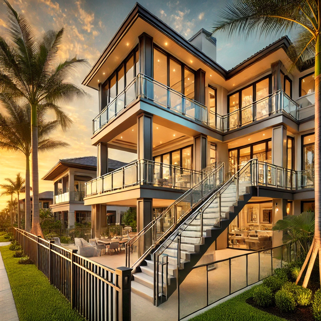 Custom railings for luxury homes in Lely Resort, Naples, FL. Specializing in metal and glass railing installations for residential properties. Call today for a consultation. naplesrailing.com