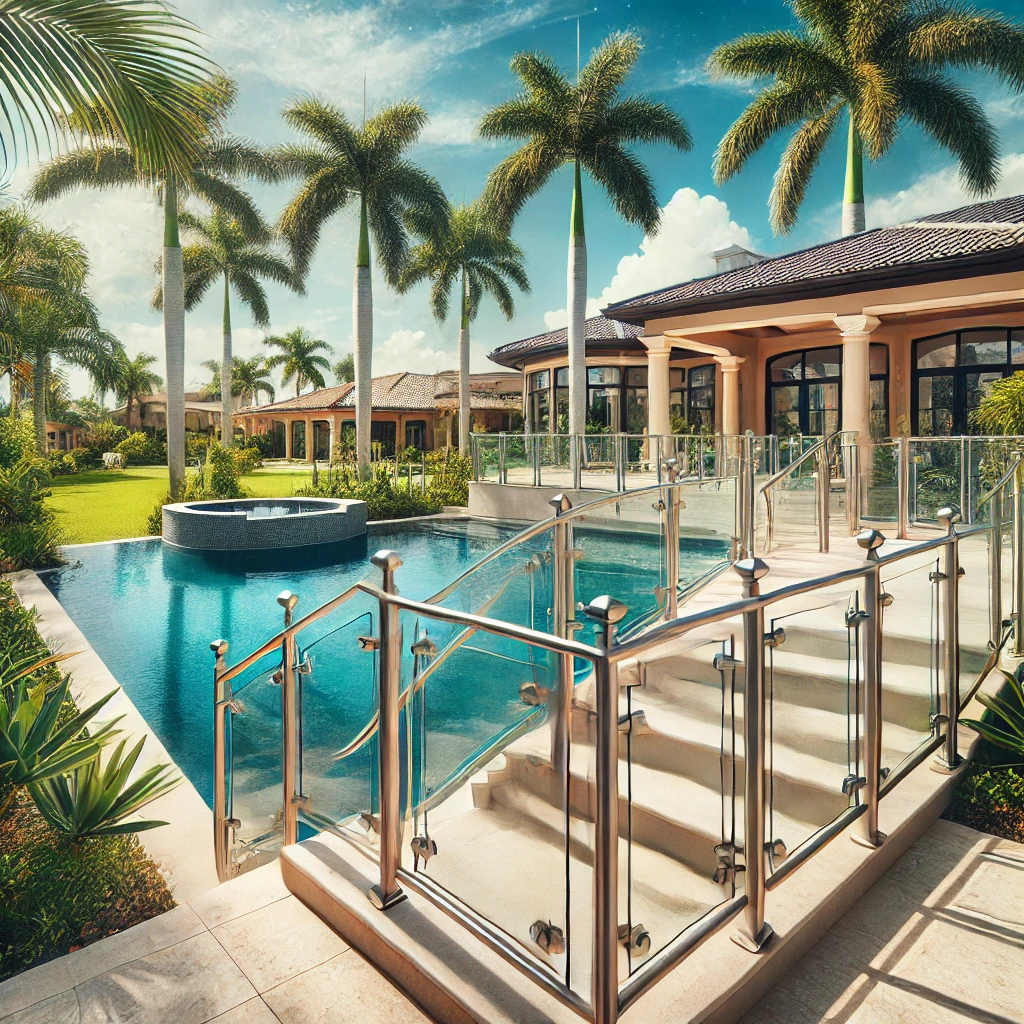 Luxury pool railings for high-end homes in Naples, FL. Custom metal and glass designs that enhance the aesthetics and safety of pool areas. Contact us for a free quote. naplesrailing.com