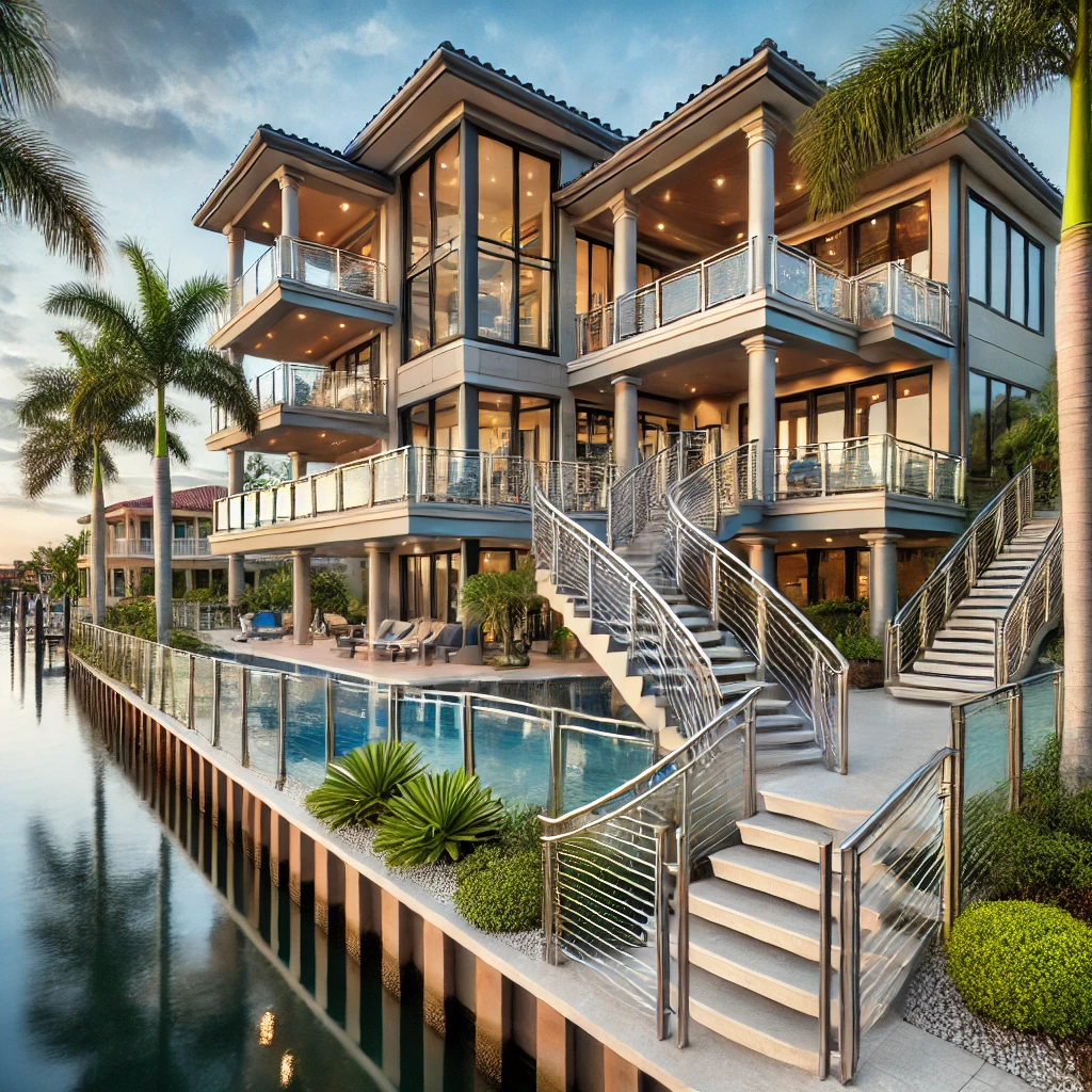 Custom luxury railings in Royal Harbor, Naples, FL. Specializing in metal and glass railing installations for high-end homes. Call today for a consultation. naplesrailing.com